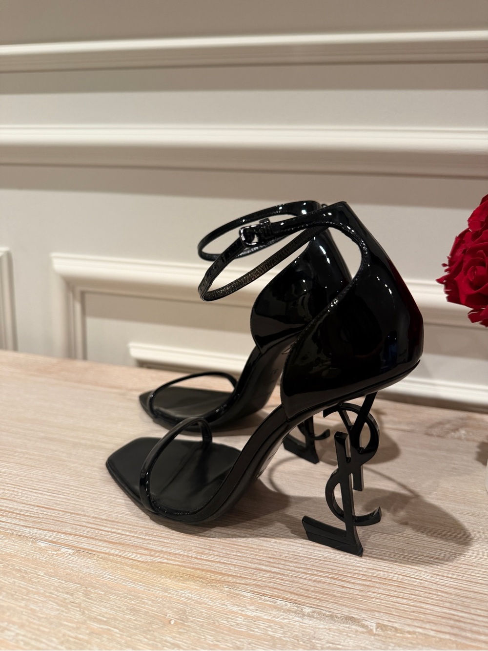 YSL Black Patent Leather Logo-Heel Ankle Strap Sandal - Picture 7 of 7